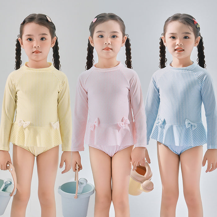 Wholesale Children's Swimwear Girls' Children's Polyester Long Sleeve Sunscreen Solid Color Little Girl's Hot Spring Beach Swimwear