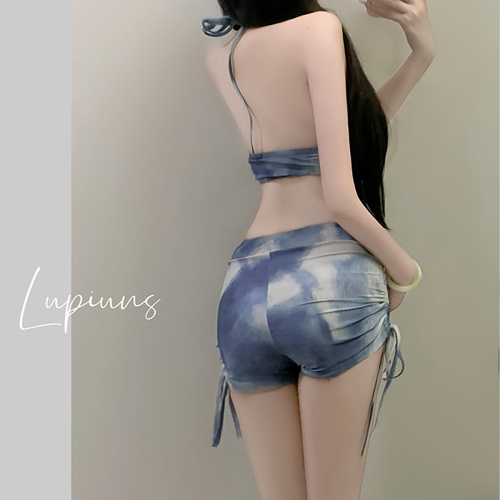 Wholesale Swimsuit vacation tie dye blue three-point sports split flat angle bikini top three piece set