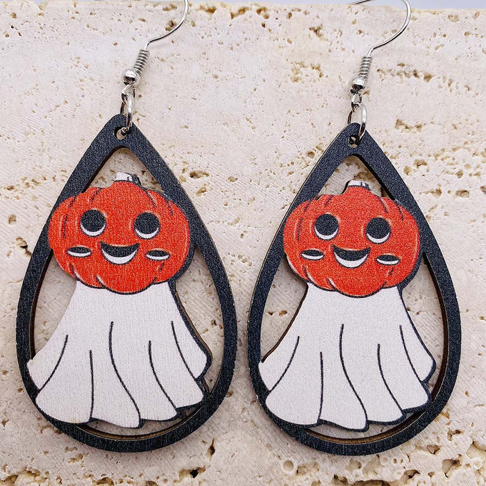 Wholesale Wooden earrings with ghost pumpkin print pendant earrings,  new  wooden earrings