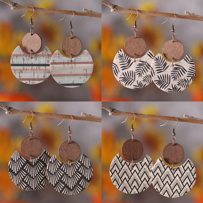 Wholesale Bohemian distressed floral and leaf-printed leather and wood ing pendant earrings double-sided earrings