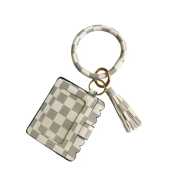 Wholesale Off-white Brown Plaid PU Leather Card Holder Wrist Keychain JDC-KC-HTong002