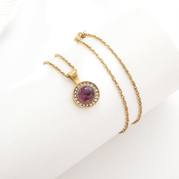 Wholesale Vintage diamond inlaid circular natural stone pendant necklace, light luxury niche stainless steel collarbone chain jewelry wholesale