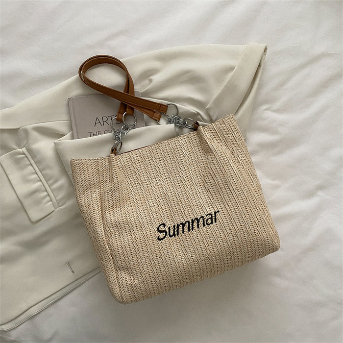 Wholesale Large capacity fashionable woven letter tote bag, trendy casual commuting shoulder bag