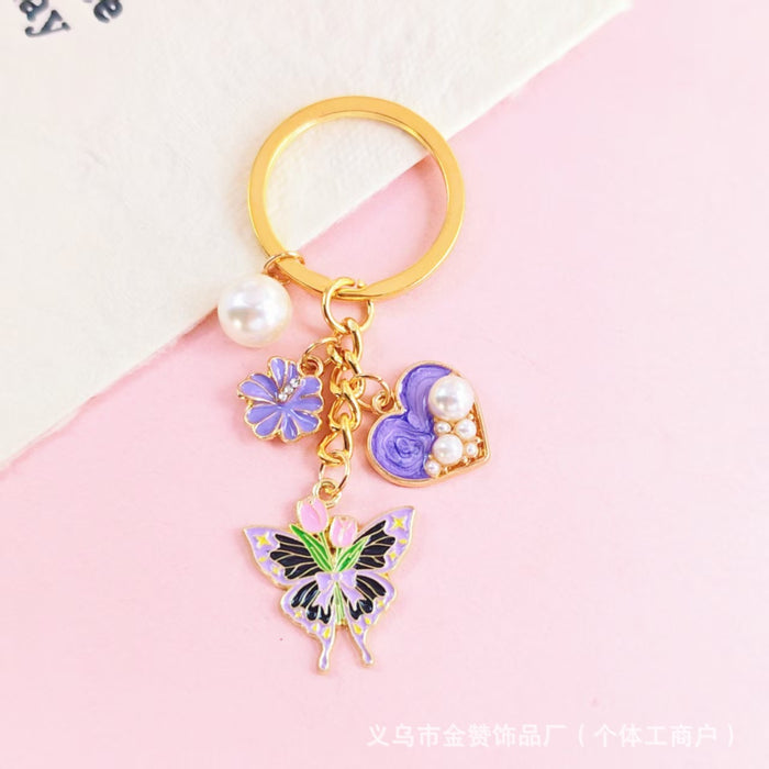 Wholesale Butterfly Flower Keychain Mother' s Day Metal Bag Pendant Exquisite High-end Pearl Flower Gift