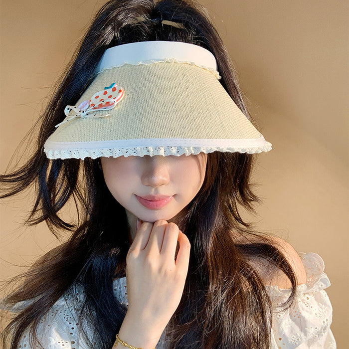 Wholesale Cute bow button top sun hat, large brim sun hat, straw hat, UV resistant sun hat