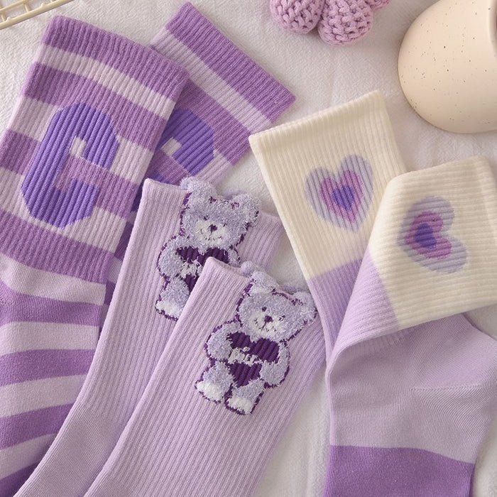 Wholesale Purple Socks Women's Cute Bear Mid-length Socks Ins Trendy Autumn and Winter Cartoon Students Stockings