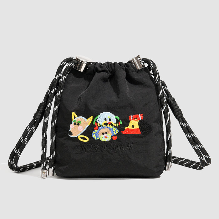 Wholesale Embroidered cartoon niche bucket bag, new versatile nylon cloth shoulder crossbody bag, mobile phone bag