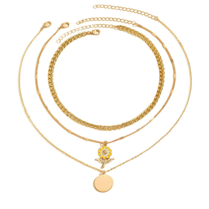 Wholesale Sunflower round pendant, three-layer necklace, women's niche, versatile, high-end, collarbone chain necklace
