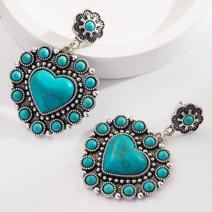 Wholesale Vintage alloy antique silver plated earrings with turquoise heart-shaped pendants