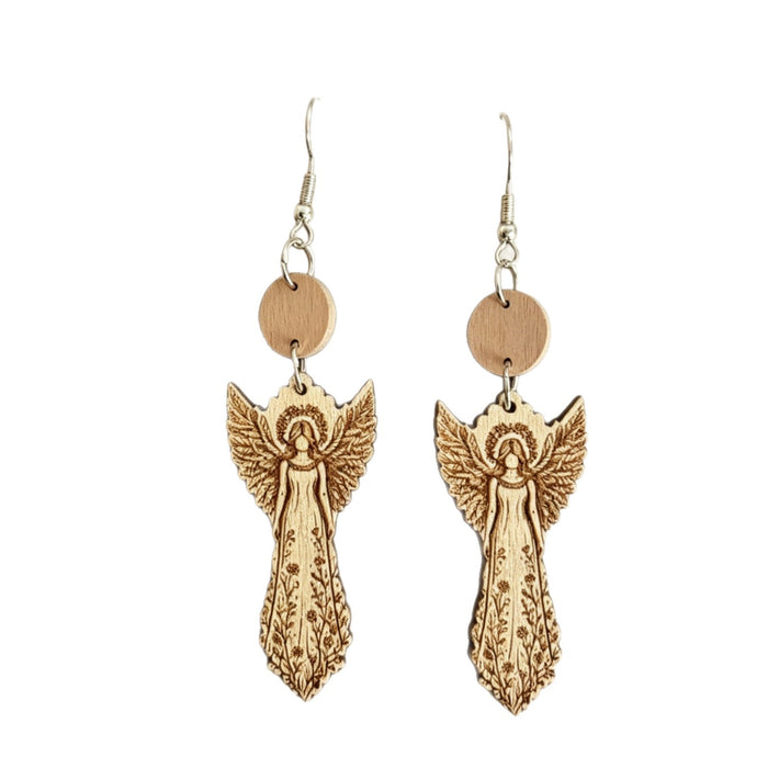 Wholesale Wooden Earrings Printed Angel Floral Bohemian Double Layer Jewelry Accessory