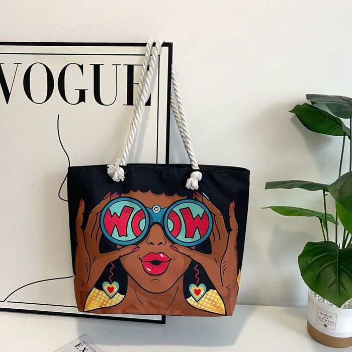 Wholesale Outdoor practical versatile retro canvas bag cartoon print portable beach bag large capacity