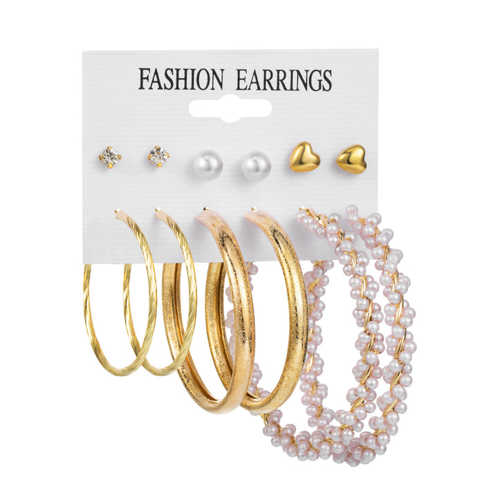 Wholesale 6-piece geometric pearl and diamond statement earring set