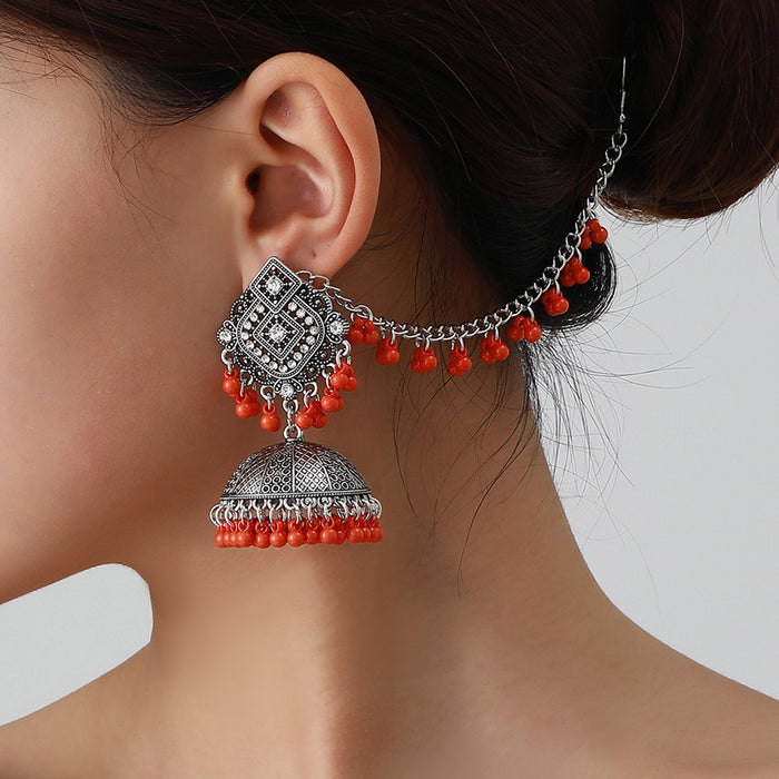 Wholesale vintage ethnic style rhinestone bell tassel earrings and hair chain set