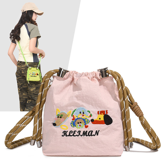 Wholesale Embroidered cartoon niche bucket bag, new versatile nylon cloth shoulder crossbody bag, mobile phone bag