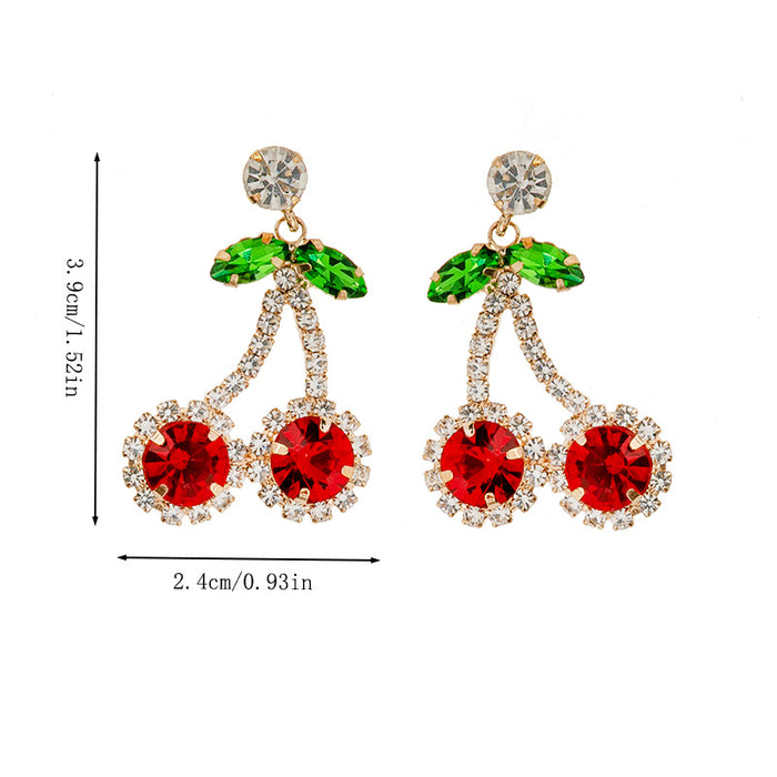 Wholesale Red rhinestone cherry pendant earrings for women, fashionable design, full diamond claw chain jewelry wholesale