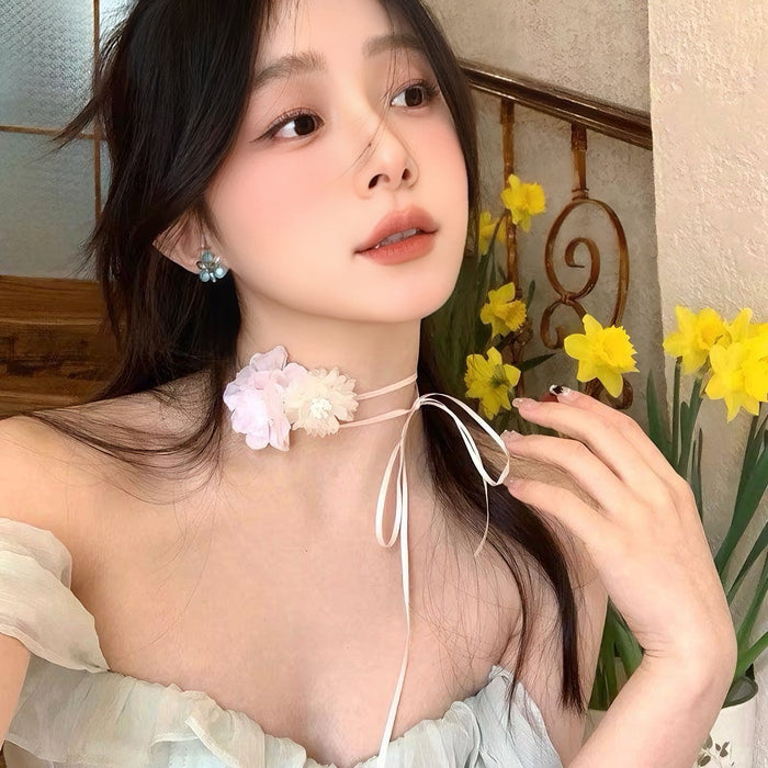 Wholesale Chiffon pink flower neckband necklace collarbone chain accessory