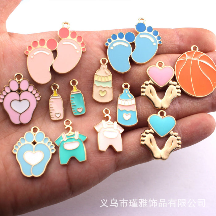 Wholesale 10pcs baby clothes baby bottle feet basketball alloy oil earrings pendant key chain pendant jewelry accessories