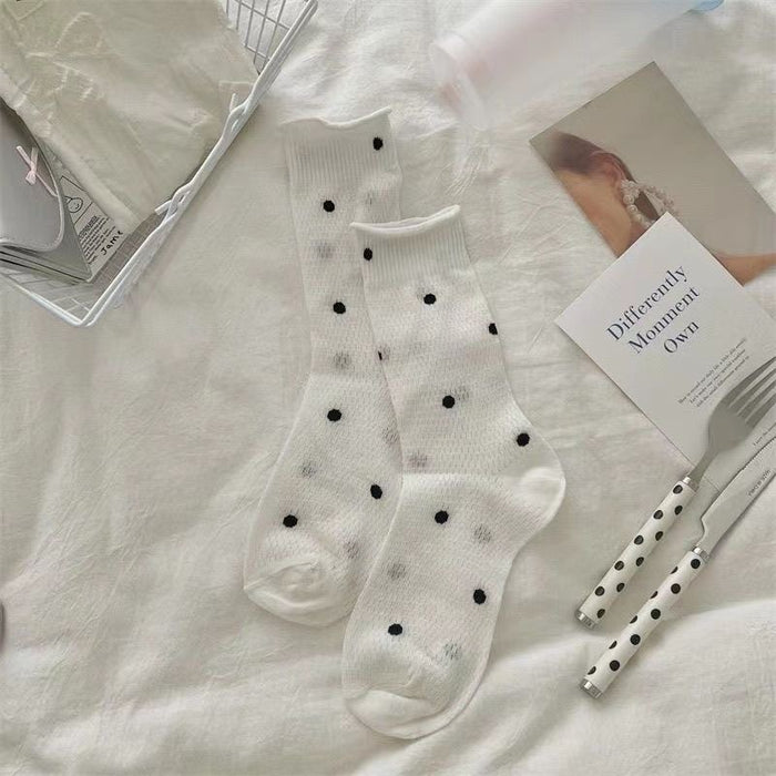 Wholesale Socks, thin, mid length, new mesh breathable, polka dot, rolled edge, stacked socks