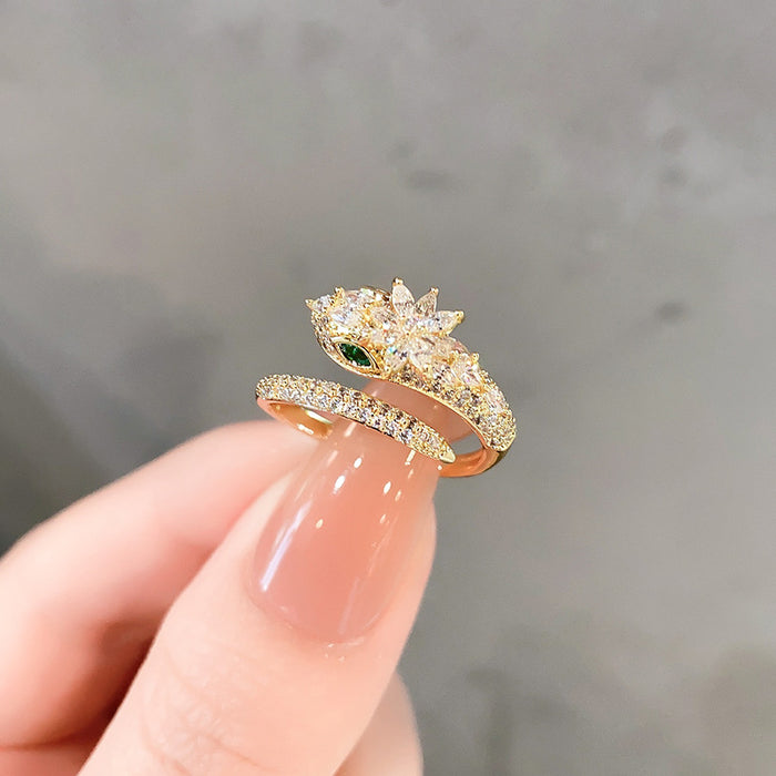 Wholesale Lotus Rhinestone Snake-Shaped Open Ring Light Luxury Personalized Exquisite Finger Ring Tide Year of the Snake Ring