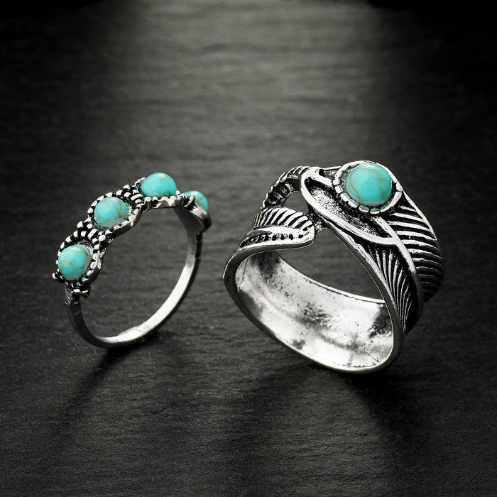 Wholesale 2pcs Retro Personalized Turquoise 2-Piece Set Rings