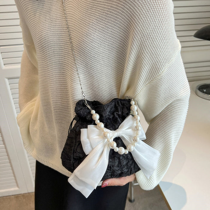 Wholesale Pearl bag, new fashionable bow chain bucket bag, niche and versatile crossbody bag