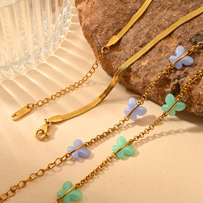 Wholesale Cross border fashion stainless steel snake bone chain, colorful oil dripping butterfly ankle chain