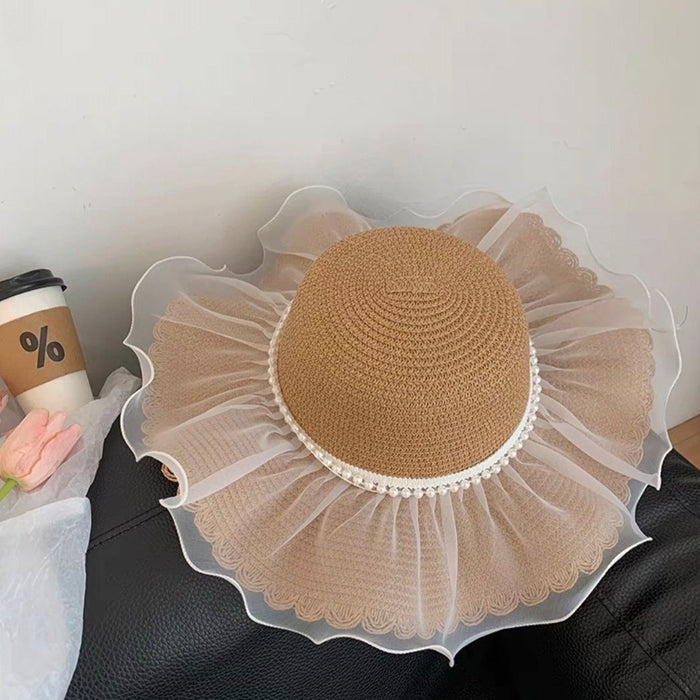 Wholesale Straw hat, lace bow, sunshade and sun protection hat, UV resistant sun grass hat