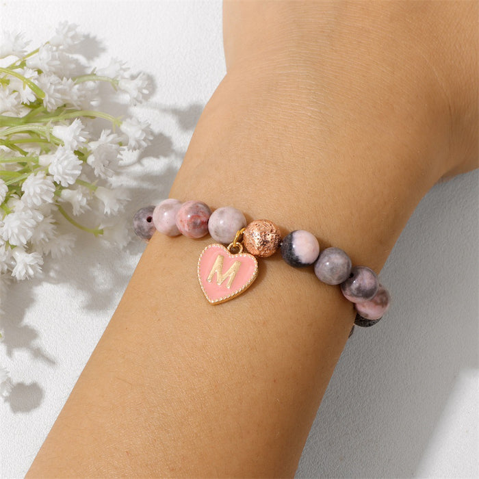 Wholesale 26 letter alphabet heart charm bracelet with 8mm stone beads  pink zebra jasper and volcanic rock beads