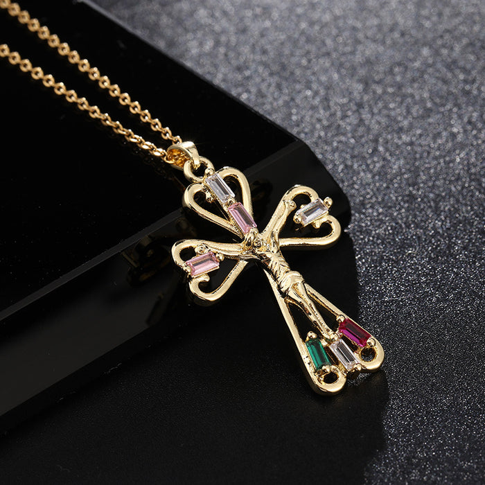 Wholesale Copper Inlaid Zircon Cross Pendant Necklace JDC-NE-ShangY035