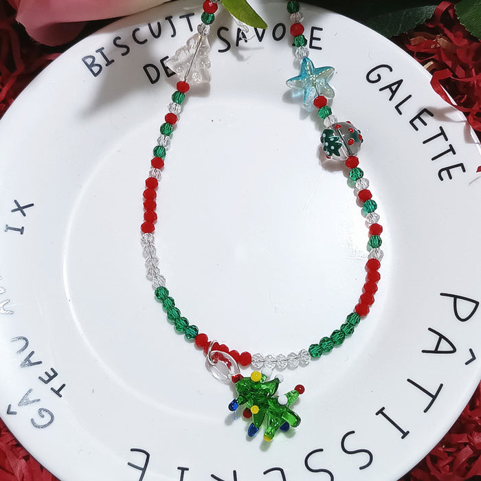 Wholesale Christmas Series Holiday Dress Up Pink Pig Cat bling Crystal Beaded Christmas Tree Short Necklace Chain Jewelry