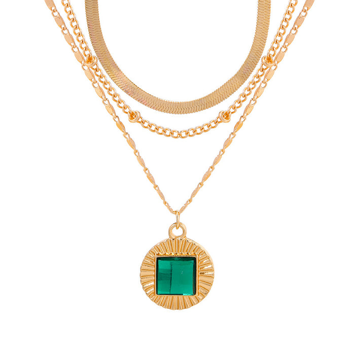 Wholesale Exaggerated jewelry, gold-plated emerald, multi-layered necklace, niche personalized alloy pendant