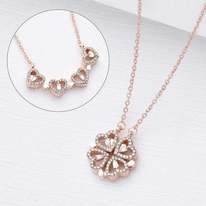 Wholesale One Pair of Heart Connected Women's Four Leaf Clover Titanium Steel Heart Folding Necklace JDC-NE-Jiaow017