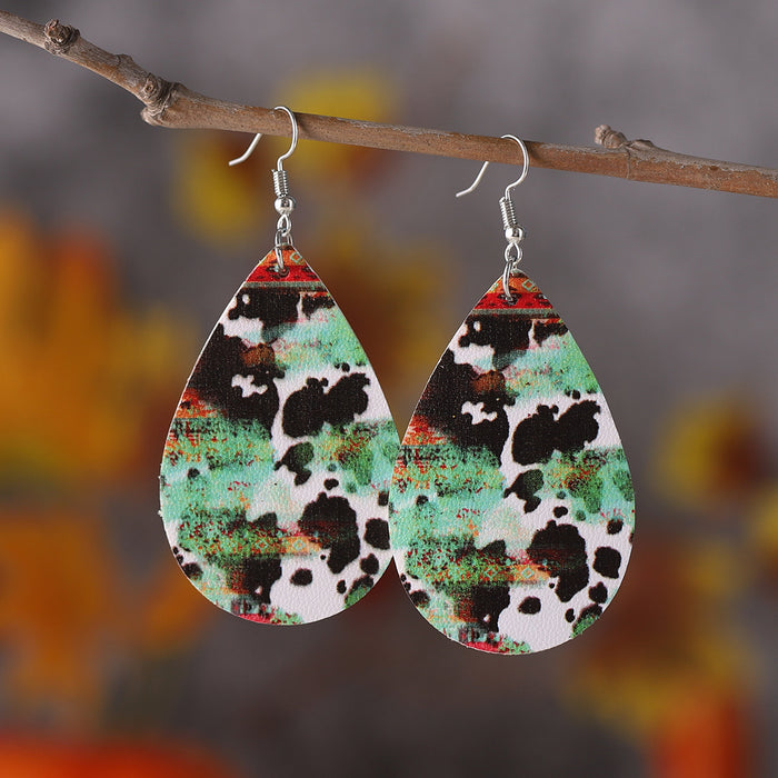 Wholesale Ethnic Leopard Dairy Pattern Turquoise Pattern Water Drop Earrings Women PU Double-sided Earrings