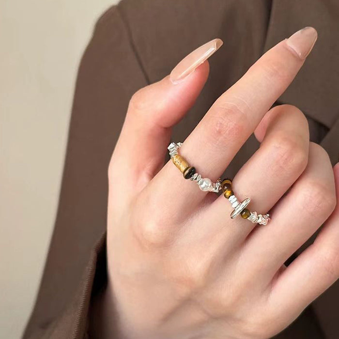 Wholesale  Vintage brown tiger eye stone broken silver beaded ring Joker ring jewelry