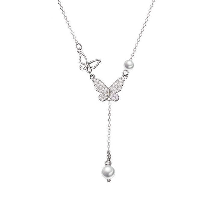 Wholesale New butterfly inspired pearl studded diamond necklace with luxurious design and collarbone chain