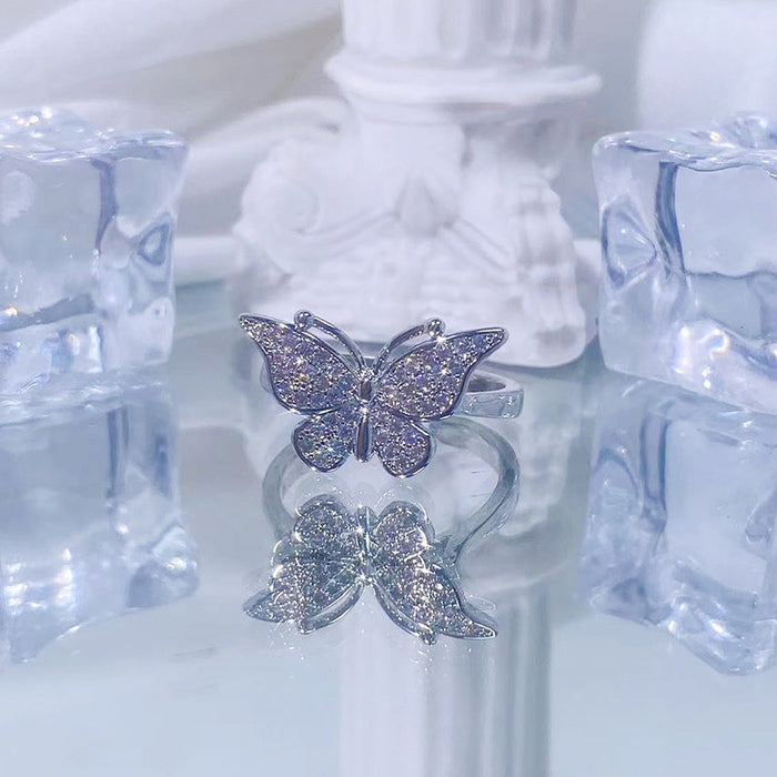 Wholesale New butterfly three-dimensional fashionable light luxury sparkling diamond open ring with niche design and high-end feel