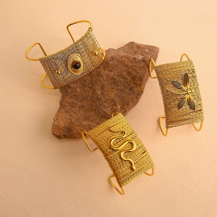 Wholesale Exaggerated opening bracelet with natural stone inlay and hollow woven stainless steel bracelet