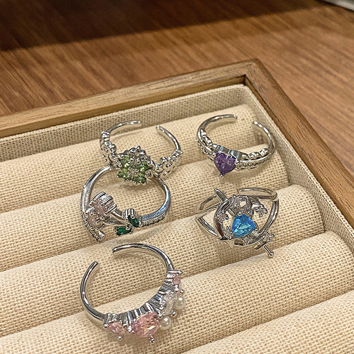 Wholesale Small niche luxury colored micro inlaid open ring with fashionable hollow flower temperament, layered wearing