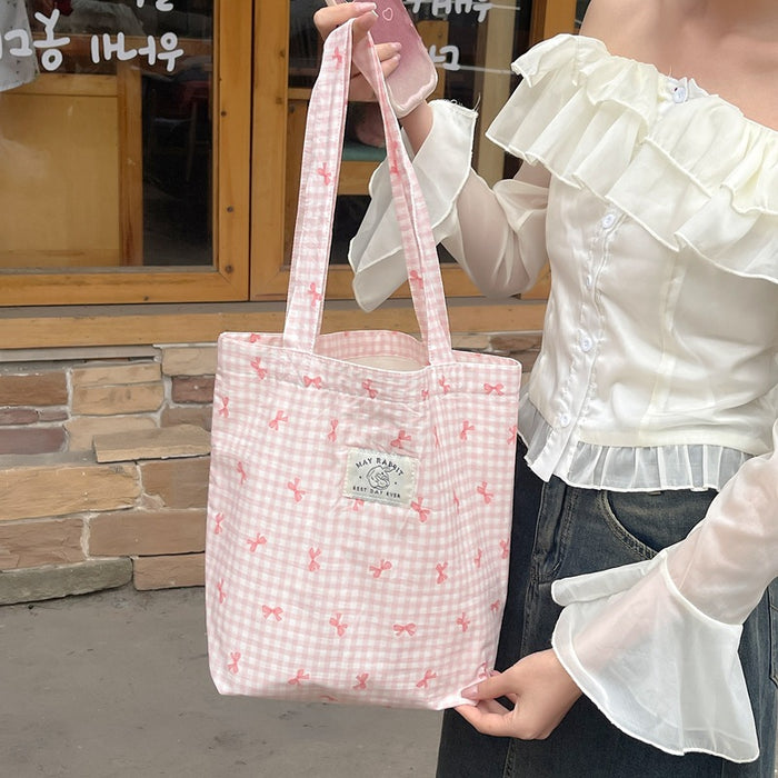 Wholesale New Checkered Bow Printed Canvas Bag Art Shoulder Bag