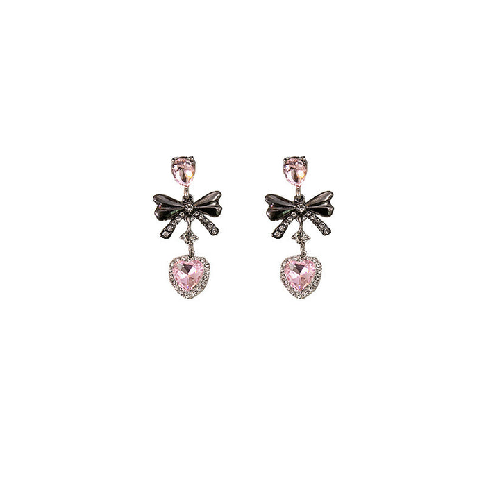 Wholesale Silver needle sweet pink heart earrings simple micro-inlaid zircon pearl earrings bow earrings