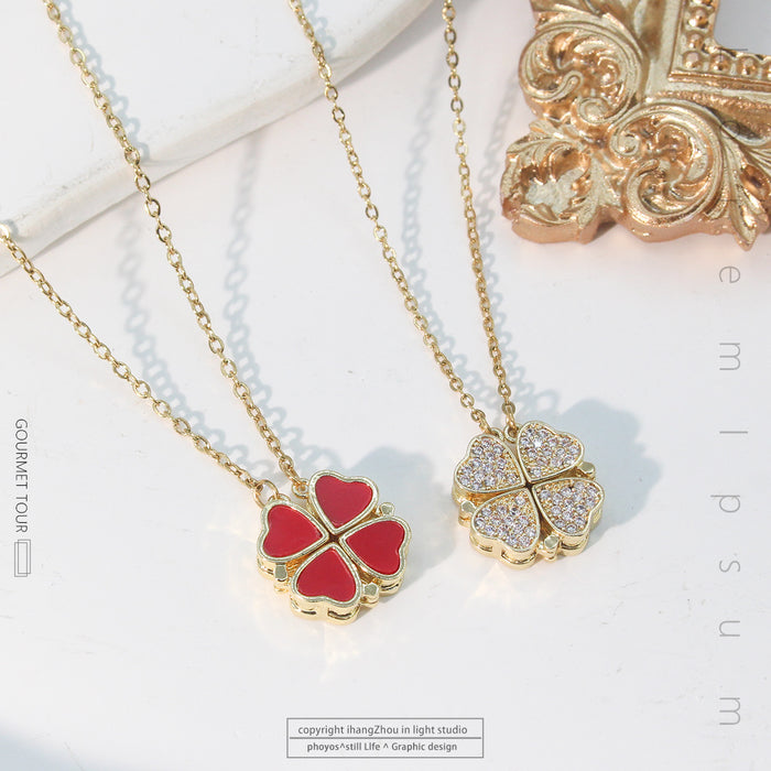 Wholesale Necklace Women's Summer Black and White Double-sided Four-leaf Clover Necklace  Titanium Steel