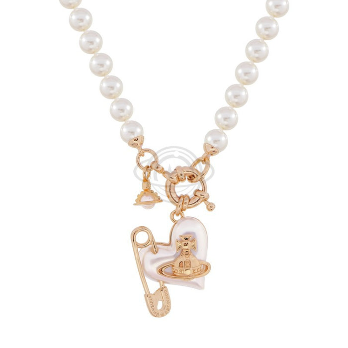 Wholesale Resin crooked heart-shaped pin, pearl necklace, light luxury temperament