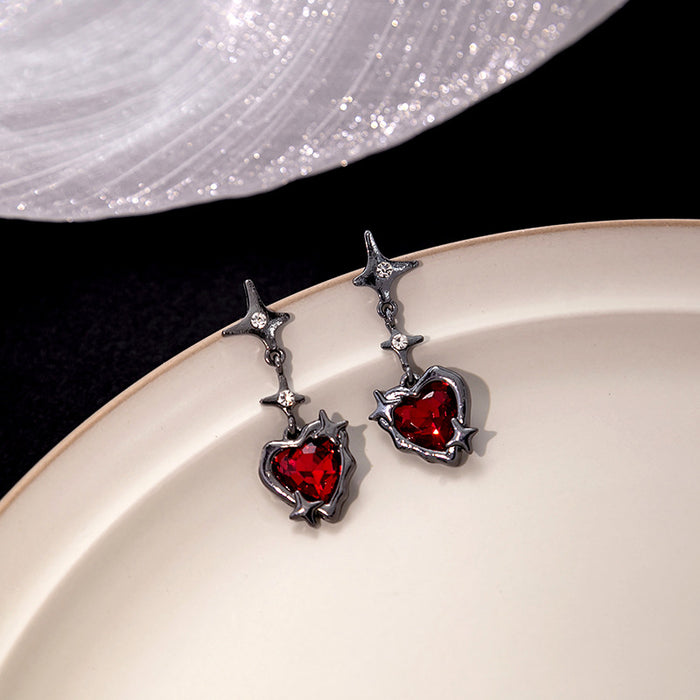 Wholesale Silver needle dark red stone love earrings heart earrings diamond earrings