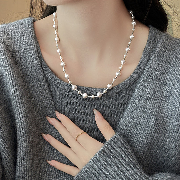 Wholesale Rose colored pearl bead necklace, atmospheric sweater chain, retro temperament, sliding buckle, adjustable collarbone chain