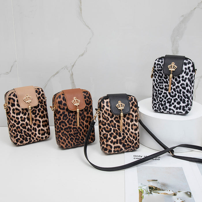 Wholesale Leopard Print Women' s Cell Phone Bag Fashion Crown Charm Embossed Crossbody Bag Shoulder Bag