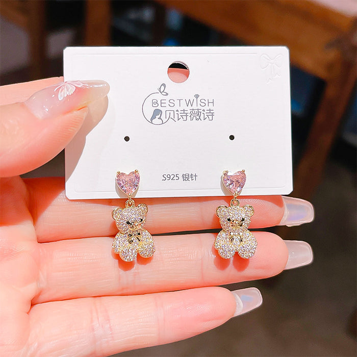 Wholesale Zircon Bear Love Earrings Silver Needle Cartoon Elegant Earrings New Earrings