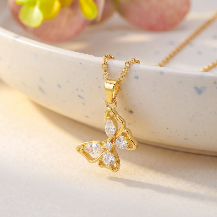 Wholesale Flower Butterfly Pendant Necklace Titanium Steel Gold Plated Jewelry Accessory