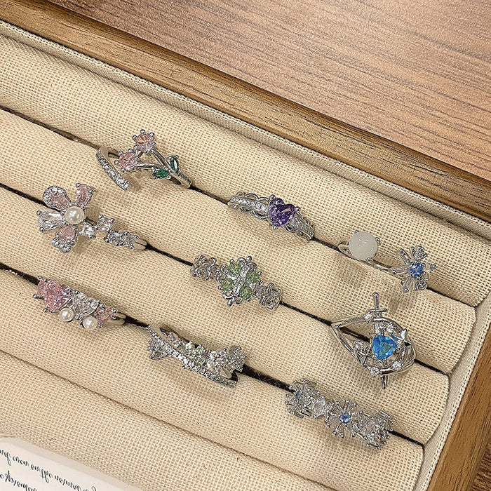 Wholesale Small niche luxury colored micro inlaid open ring with fashionable hollow flower temperament, layered wearing