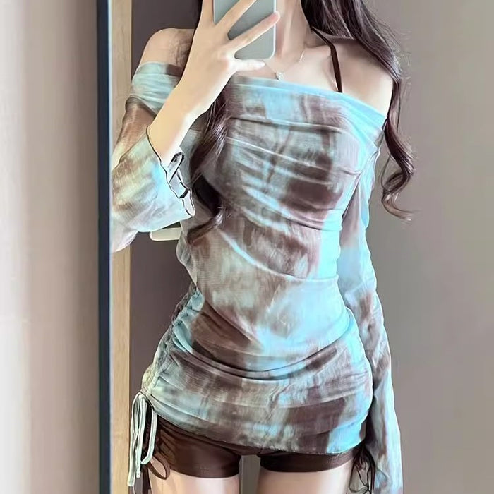 Wholesale Swimsuit split three piece long sleeved fashionable tie dye top sexy bikini slimming slim fit swimsuit