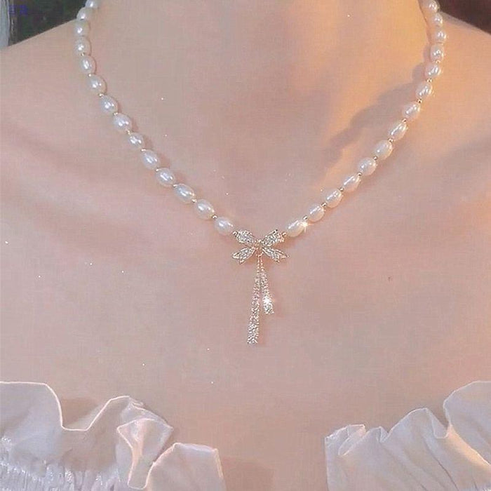 Wholesale New bow pearl pendant necklace with a light luxury and niche design, featuring a collarbone chain and elegant neck chain